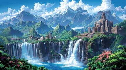 A vibrant fantasy landscape featuring majestic mountains, waterfalls, and a grand castle amidst lush greenery.