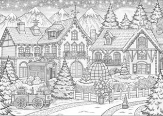 Obraz premium Detailed Winter Village Scene with Snow-Covered Houses for Coloring Books