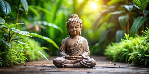 Serenene figure sits in tranquil outdoor setting, back straight, legs crossed, hands on knees, eyes closed, surrounded by lush greenery, exuding calm and inner peace.