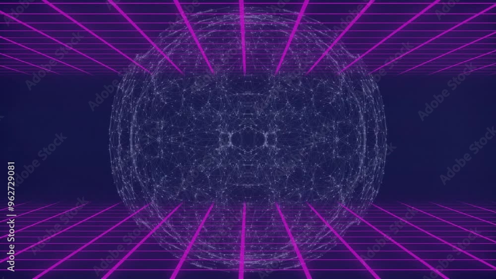 Poster glowing grid lines and spherical network, creating futuristic digital animation
