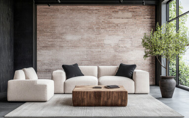 Loft apartment living room with artistic mood, warm ambiance and natural window lighting. Modern industrial Real Estate interior design composition.
