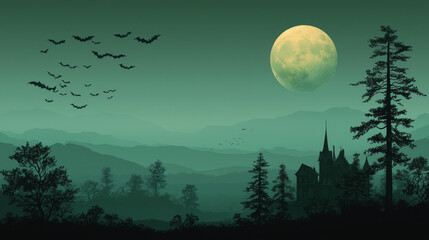Fototapeta premium A spooky silhouette of a castle in a misty forest under a full moon.