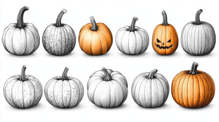 A row of pumpkins, some plain and others with a spooky carved face.
