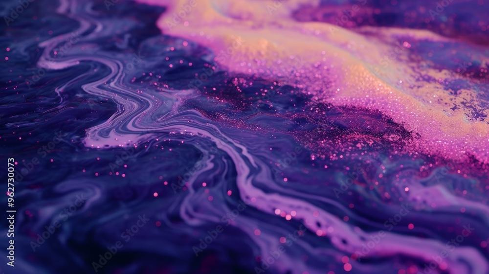 Poster abstract fluid art featuring mesmerizing purple and gold swirls. the image captures the fluid motion
