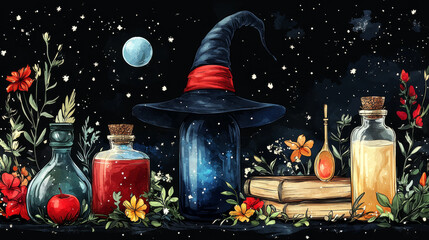 Witch's potion bottles with a witch's hat.
