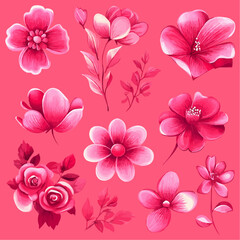 A collection of pink floral illustrations on a vibrant background.