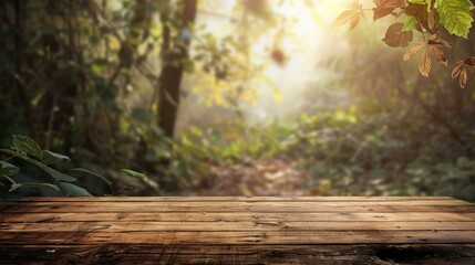 Blurred nature backdrop with wooden table for product display.