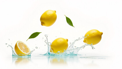Four Lemons Falling into Water with Splash Effect
