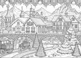 Detailed Winter Village Scene with Snow-Covered Houses for Coloring Books