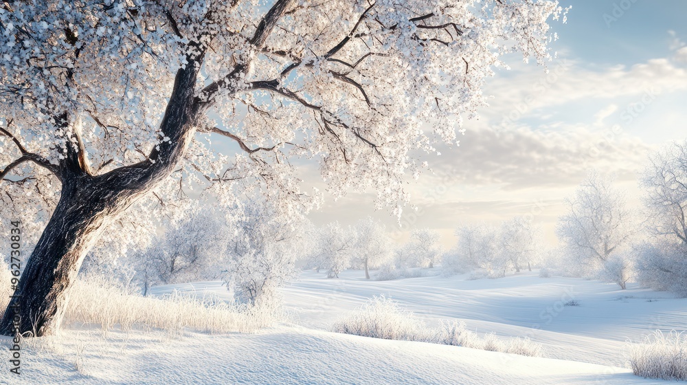 Poster a snowy landscape with a tree branch covered in frost