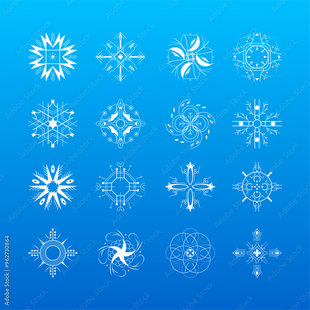 Poster set white colleciton line snowflake winter decoration elements vector design style