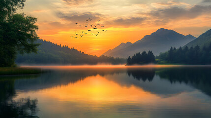 Beautiful sunset over a mountain lake with fog, trees, and birds.