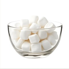 Fluffy Marshmallows in Transparent Glass Bowl on White Background