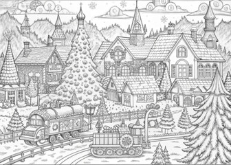 Naklejka premium Detailed Winter Village Scene with Snow-Covered Houses for Coloring Books