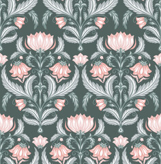 Vector ornate baroque floral pattern in pastel colors. Victorian damask texture with pink filigree flowers on dark background. Old fashioned surface design for draperies, curtains and tablecloths