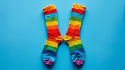 A pair of colorful rainbow-striped socks displayed on a vibrant blue background. The playful design and bold colors make these socks stand out, perfect for adding a touch of fun to any outfit.