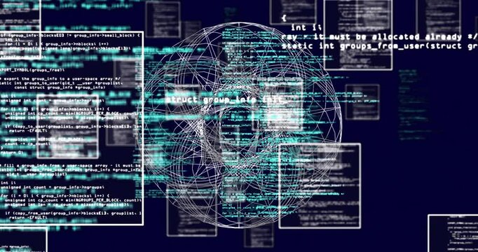 Computer code and network connections animation over abstract digital background