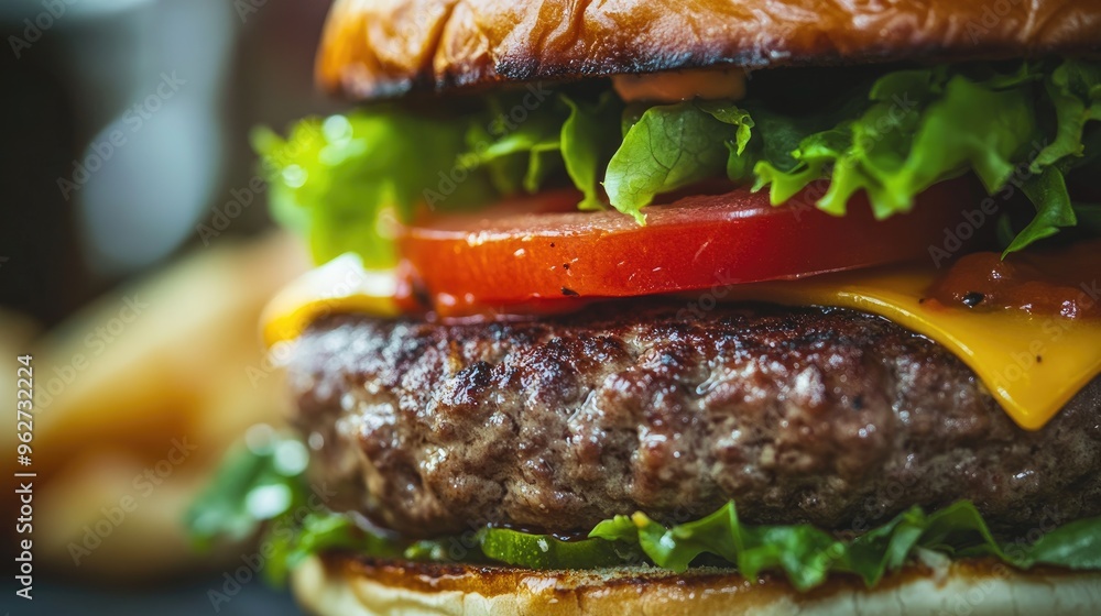 Canvas Prints A close-up of a delicious cheeseburger with fresh lettuce, tomato, and a toasted bun.