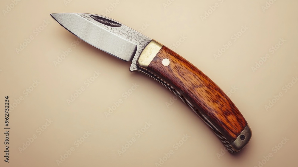 Poster a close-up of a folding knife with a wooden handle and a sharp blade.