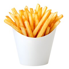 Golden French Fries Isolated on White Backdrop in Macro Shot