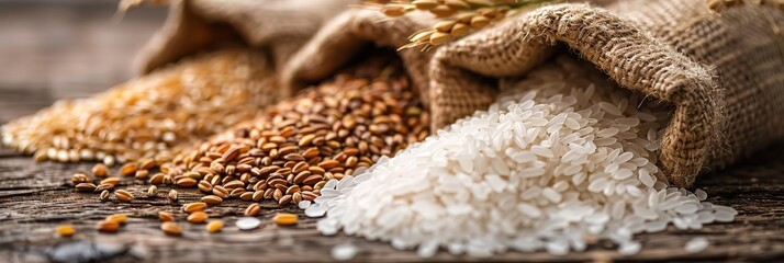 Close up of white rice, brown rice and wheat grains spilling from burlap sacks. The rice and grains are on a wooden surface.