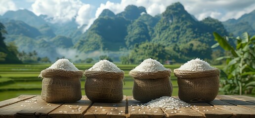 Fototapeta premium Four burlap sacks of white rice are arranged on a wooden table in front of a scenic landscape of green rice paddies and mountains.