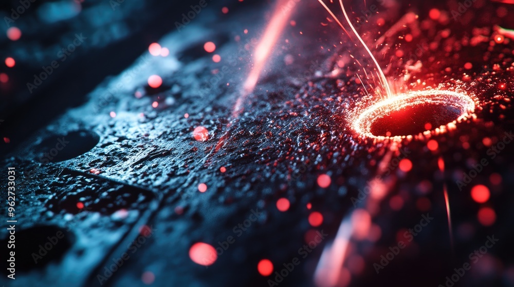 Poster a close-up of a glowing circular element on a textured surface, with vibrant sparks and particles.
