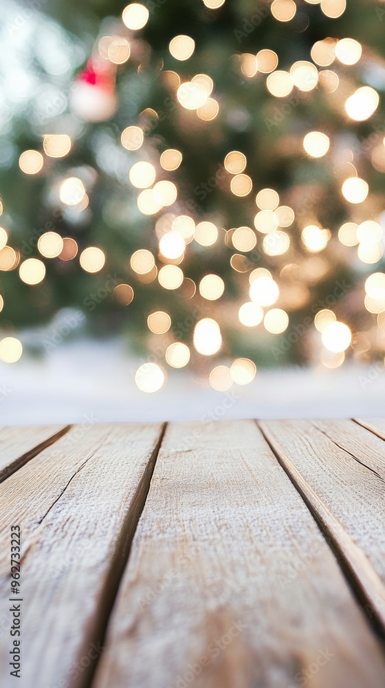 Poster minimal winter-themed festive graph - frosty snow-covered table with bokeh holiday lights in cozy, n