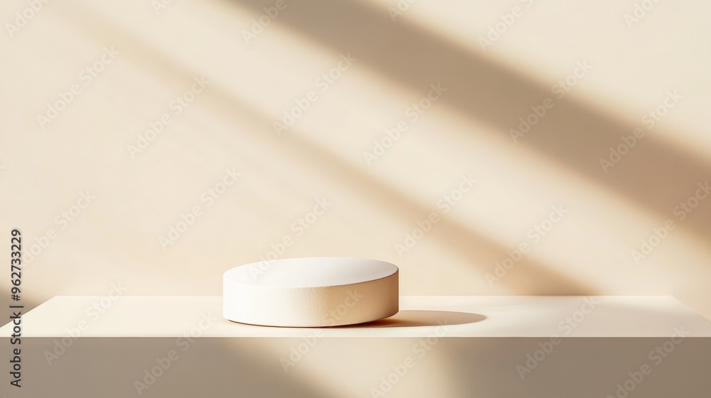 Aufkleber Minimalist Pastel White Circular Podium in Diffused Light Creating Clean Shadows on Light Brown Background for Product Presentation