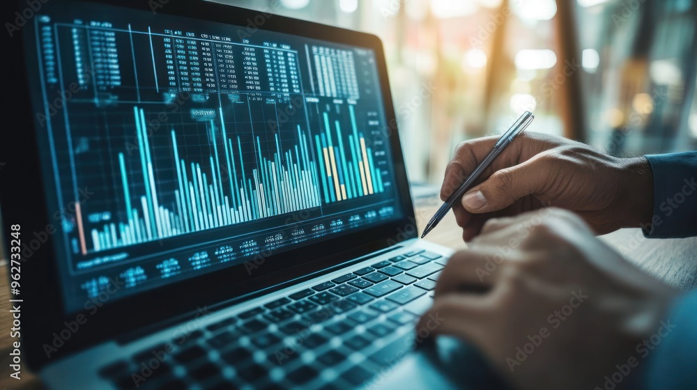 Poster man analyzing data on laptop