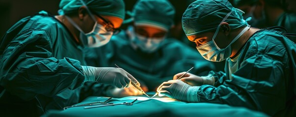 A team of surgeons performs a surgical procedure in an operating room. They are wearing surgical gowns, masks, and gloves. The room is lit by surgical lamps.