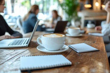 Professionals discussing business over coffee in a modern cafe, laptops and notebooks on the table, networking event, coffee break discussion