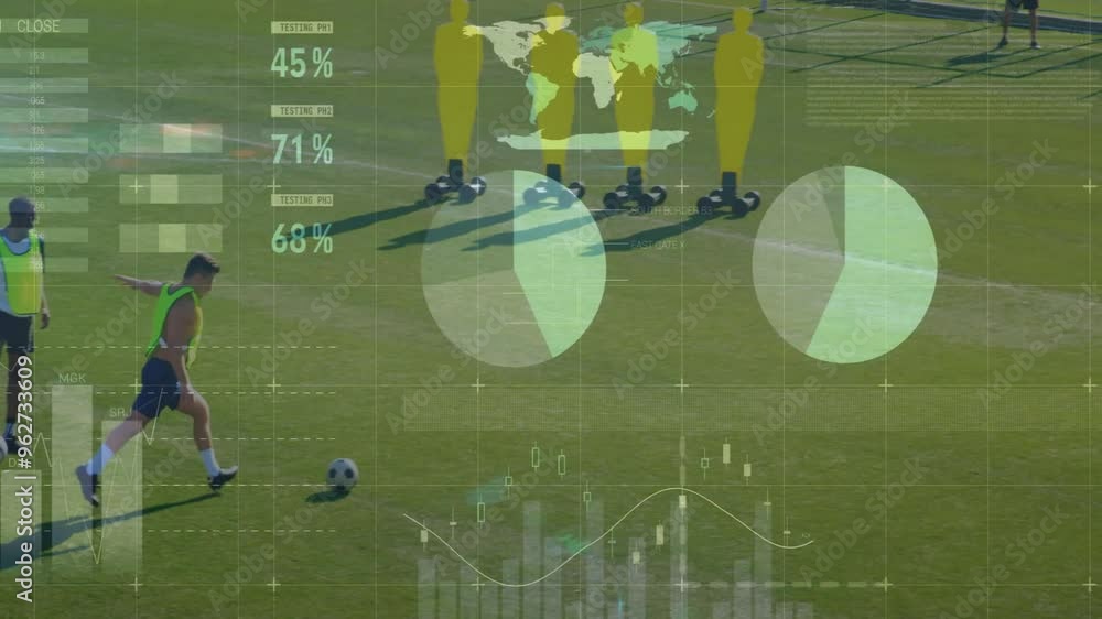 Poster soccer training session with players, performance metrics and data analysis animation