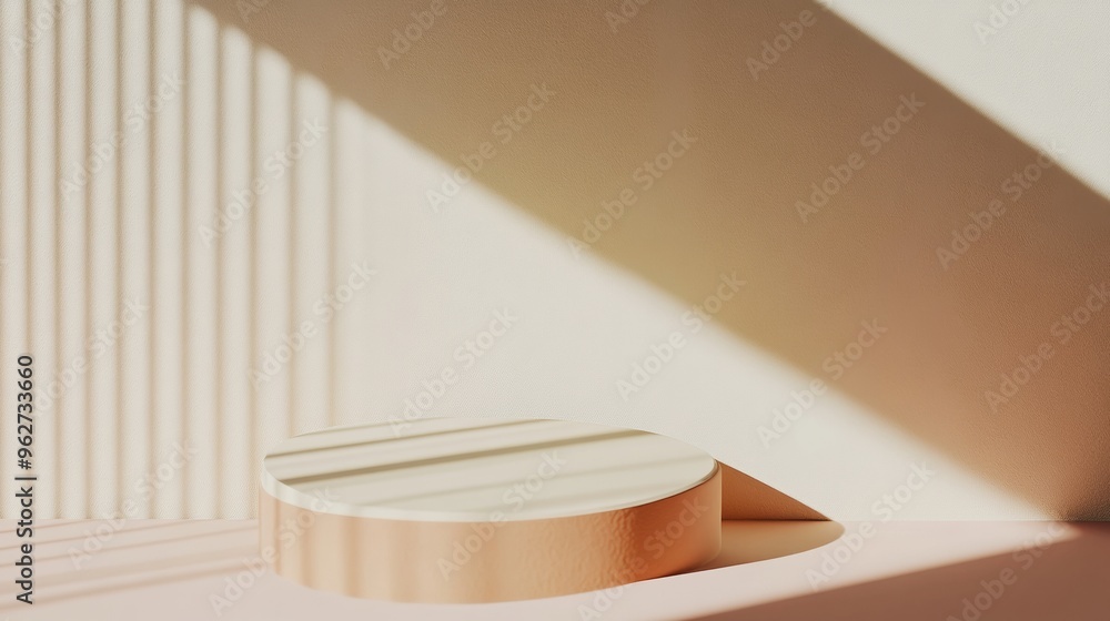 Poster minimalist mockup with soft pastel peach circular podium on pastel pink background with gentle shado