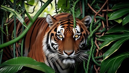 Discover the allure of the jungle with this high-resolution photograph featuring a tiger skillfully hidden among thick jungle vines and large tropical leaves.