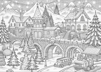 Obraz premium Detailed Winter Village Scene with Snow-Covered Houses for Coloring Books