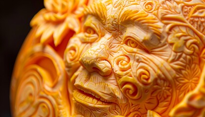 A close-up of detailed pumpkin carvings featuring intricate patterns and shapes, showcasing exceptional craftsmanship and creativity.