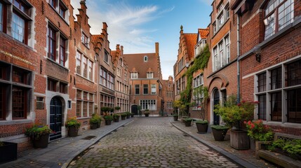 Fototapeta premium A picturesque cobblestone street lined with charming brick buildings and vibrant flower pots.