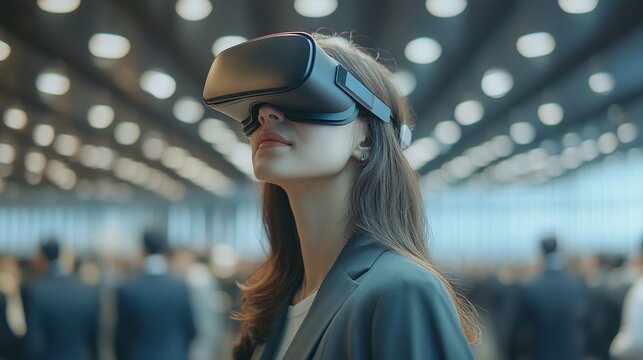 senior business manager woman in a convention hall filled with business people attending a meeting while wearing vr virtual reality goggle glasses
