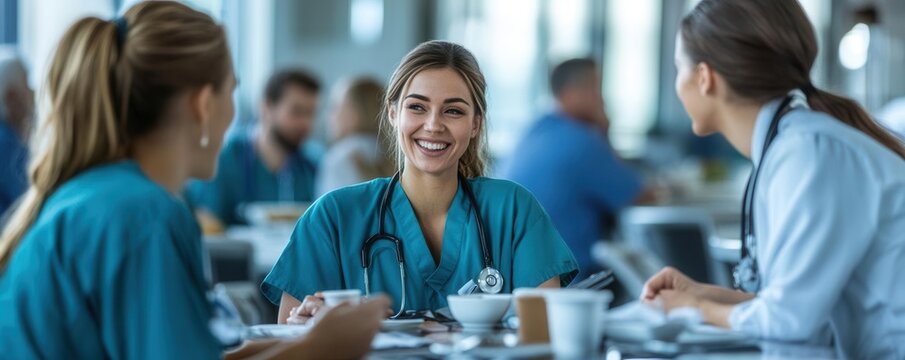 Medical team sitting at a hospital cafeteria table, casual conversation and relaxed smiles, nurses break, healthcare professionals resting