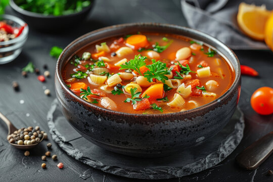 A bowl of minestrone soup with fresh vegetables and pasta