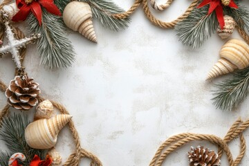 Rope, shells and Christmas decor on white grunge background. Top view with generative ai