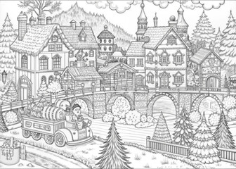 Naklejka premium Detailed Winter Village Scene with Snow-Covered Houses for Coloring Books