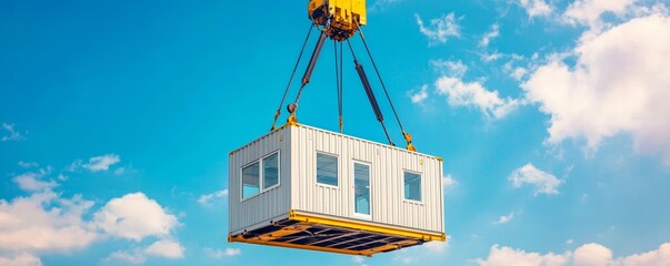 Heavy machinery in action as a crane transports a container office, showcasing industrial logistics and site management