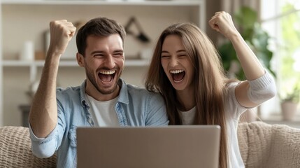 Overjoyed millennial man and woman triumph win online lottery on laptop. Happy excited young Caucasian couple feel euphoric with good email, get amazing sale offer or discount deal on computer
