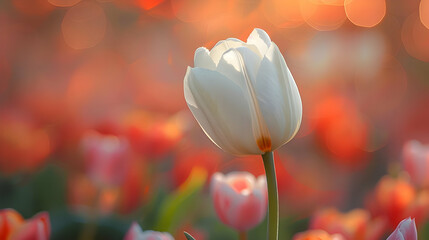 White Tulip in a Field of Orange and Pink Blossoms - Macro Photography