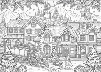 Naklejka premium Detailed Winter Village Scene with Snow-Covered Houses for Coloring Books