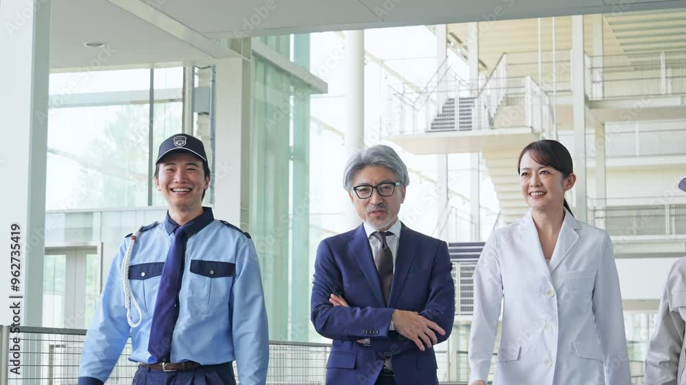 Poster ロビーを歩く様々な職業の人々（ビジネスマン・エンジニア・研究者・警備員）