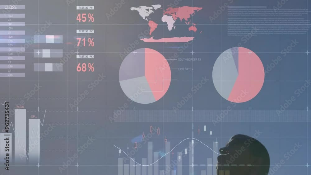 Poster analyzing global data, businesswoman viewing animated charts and graphs on screen
