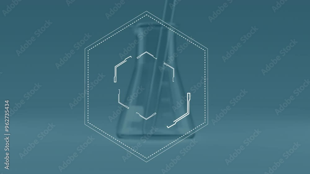 Aufkleber animating hexagonal frame over laboratory flask with blue background